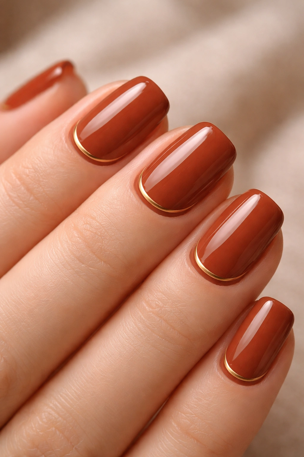 Close-up of burnt sienna nails with a thin gold line on one nail