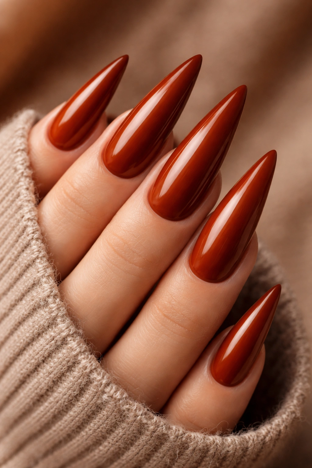 Close-up of burnt sienna stiletto nails with warm orange undertones