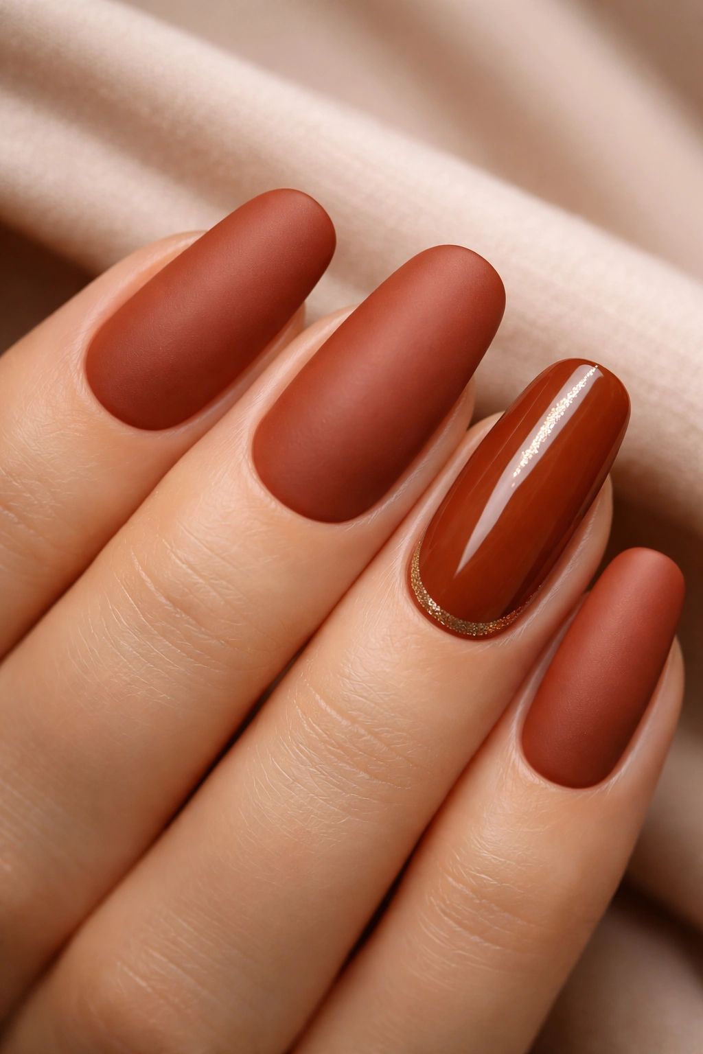 Burnt sienna nails with matte finish and a single glossy accent nail