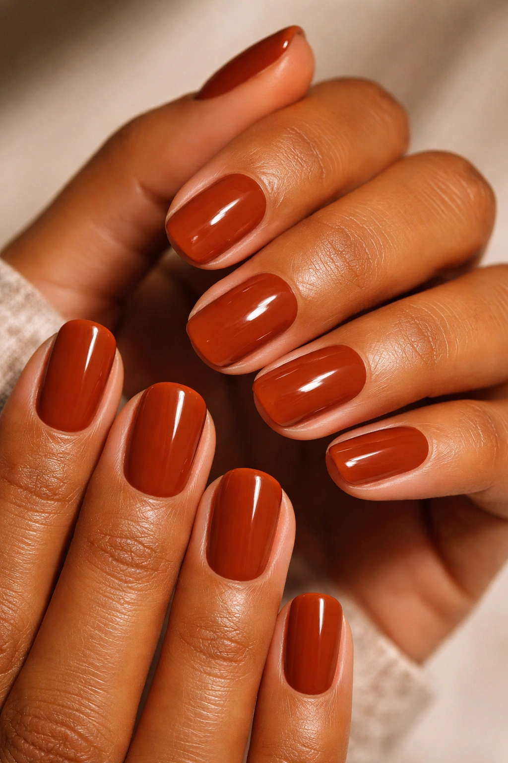 Close-up of burnt sienna nails with solid color