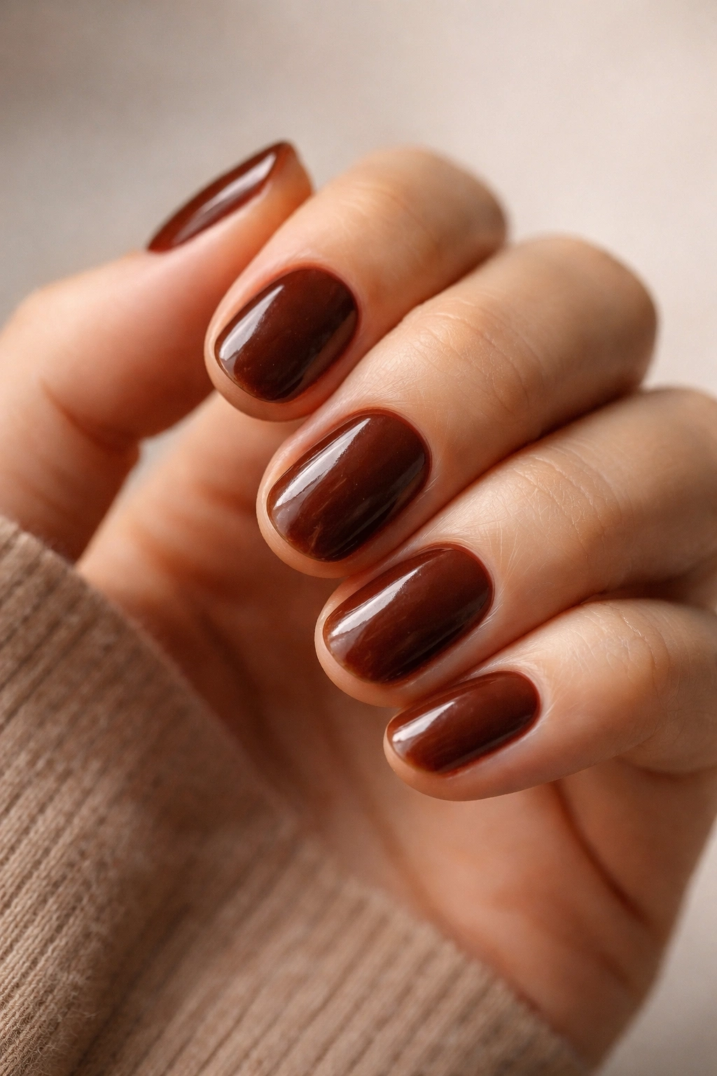 Close-up of burnt umber short oval nails with a lived-in finish