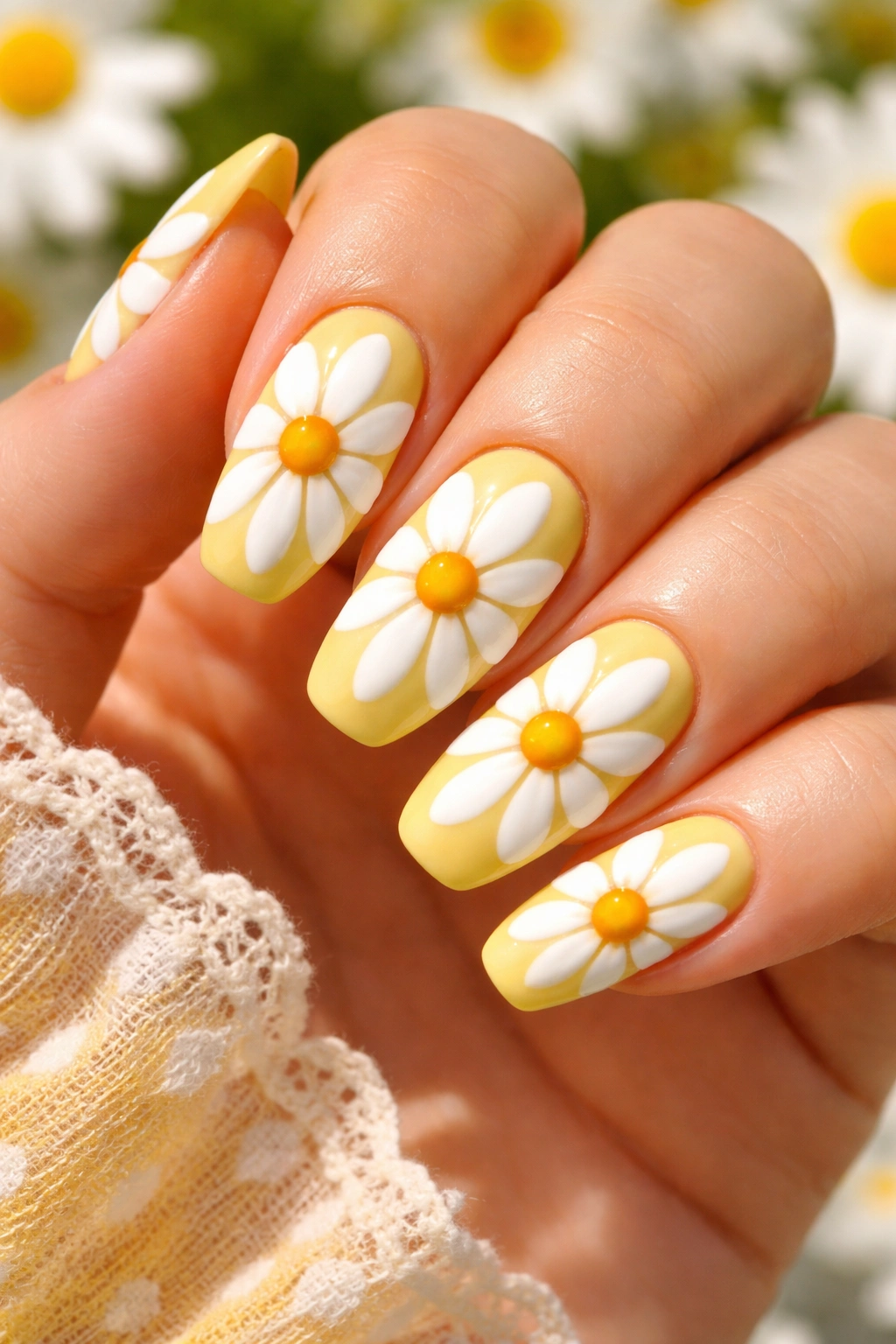 Butter-yellow nails with oversized white daisies