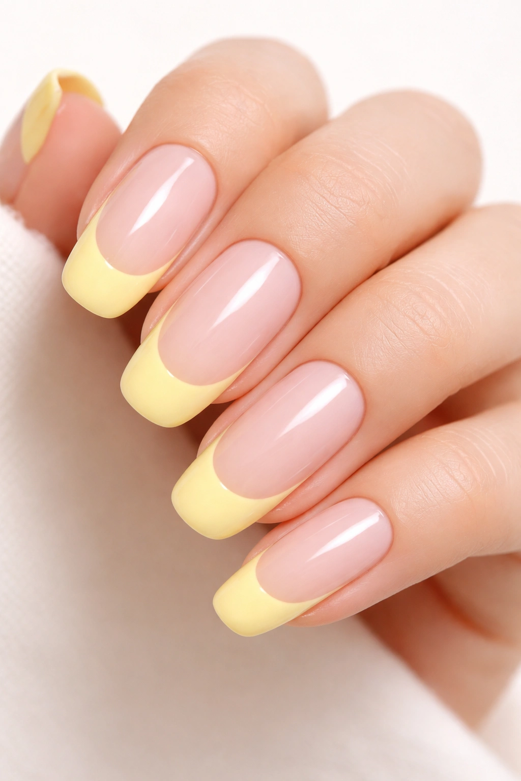 Close-up of long round nails with butter yellow tips on a pale base