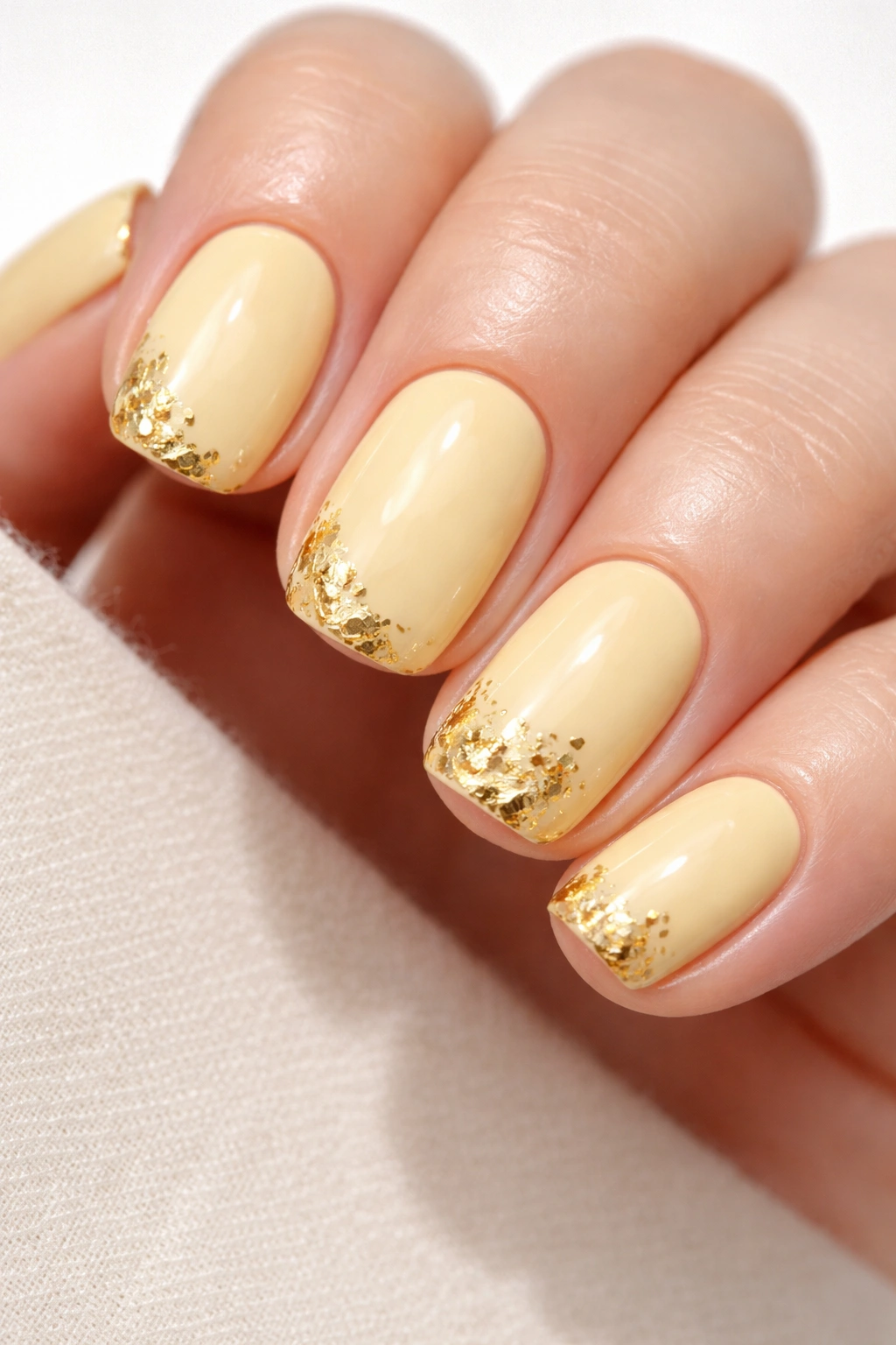 Close-up of nails with gold leaf accents on butter yellow base