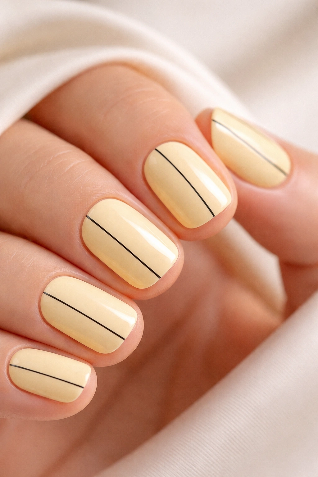Close-up of nails with one fine black line on butter yellow base