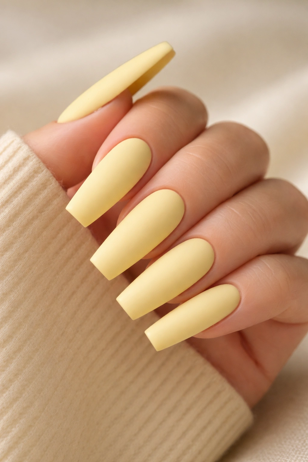 Close-up of long coffin nails in soft butter yellow with a matte finish.