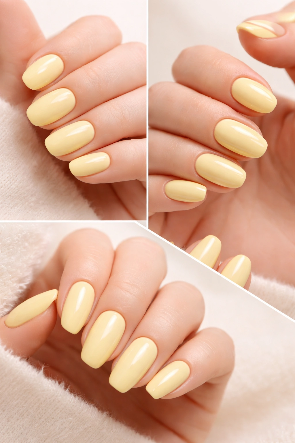 Close-up of hands with solid butter-yellow nails in various shapes under soft studio lighting