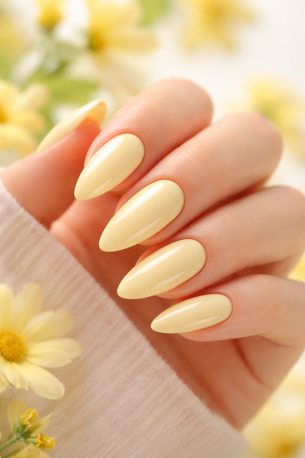 Close-up of butter yellow almond nails in bright studio light