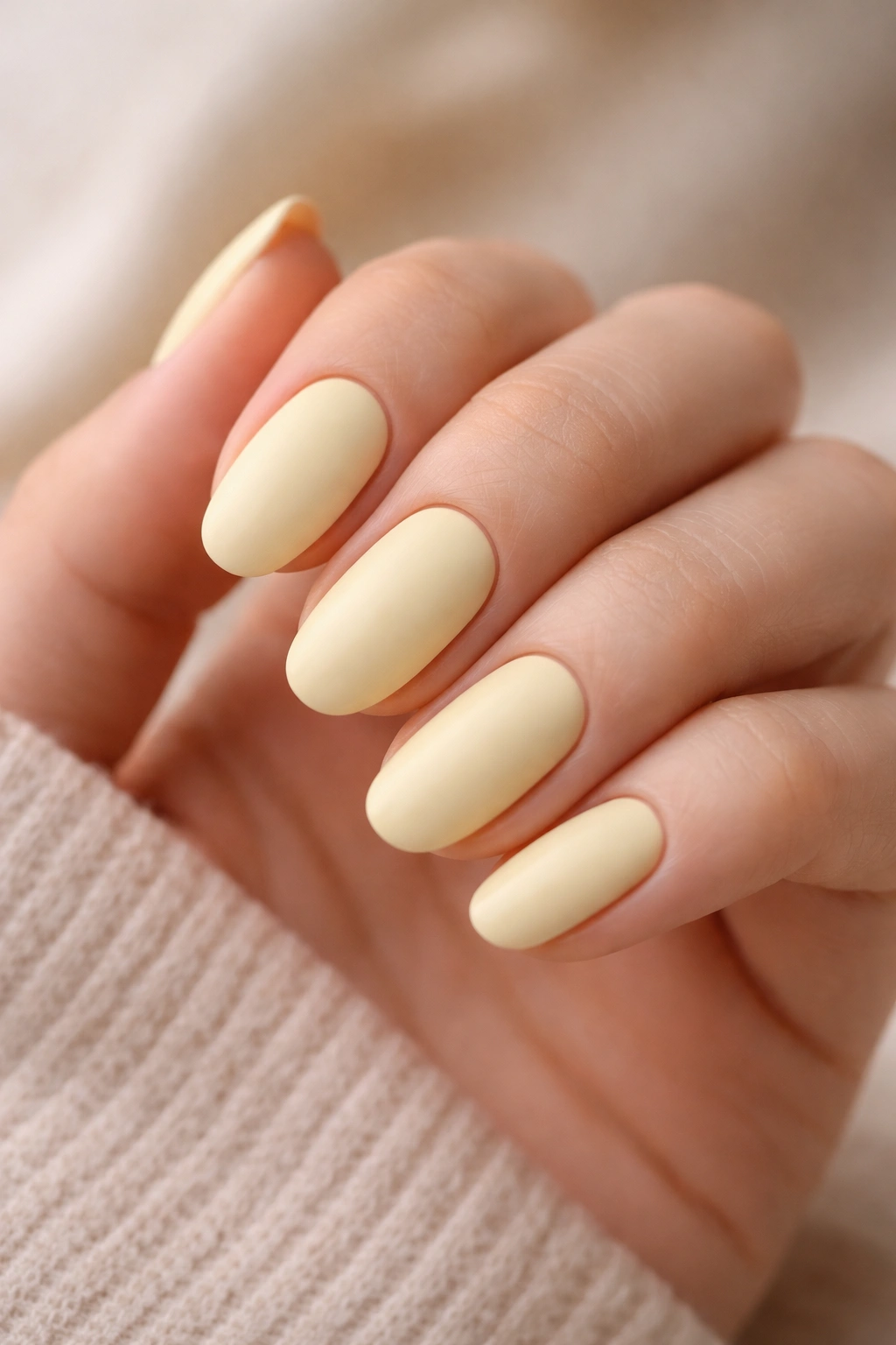 Butter yellow nails with creamy matte finish on short rounded nails