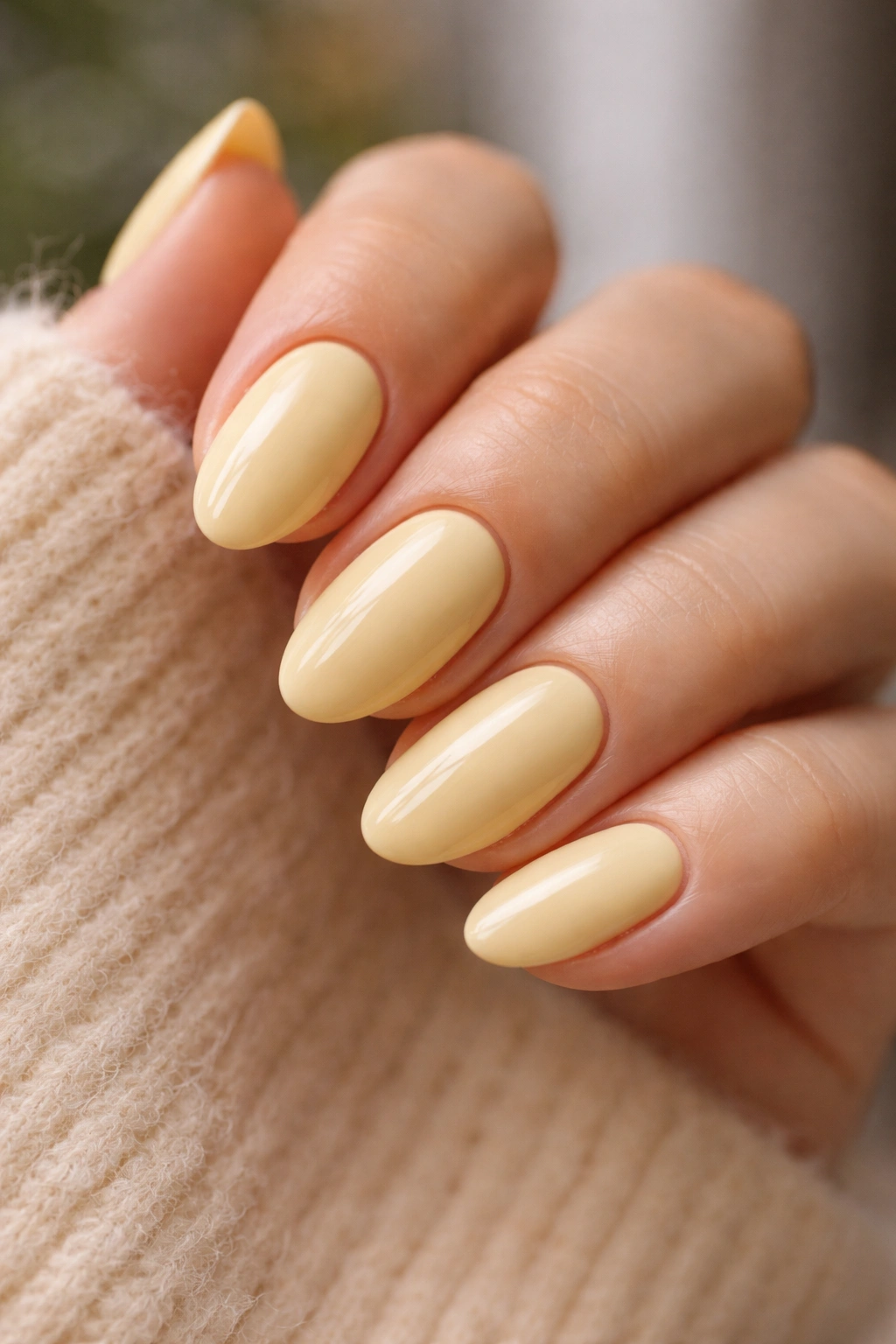 Close-up of short almond nails butter yellow opaque finish