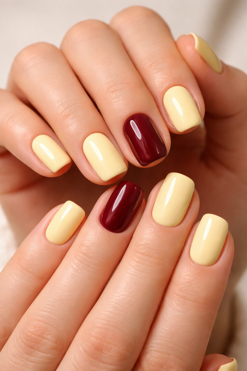 Butter yellow nails with burgundy accent nail on each hand