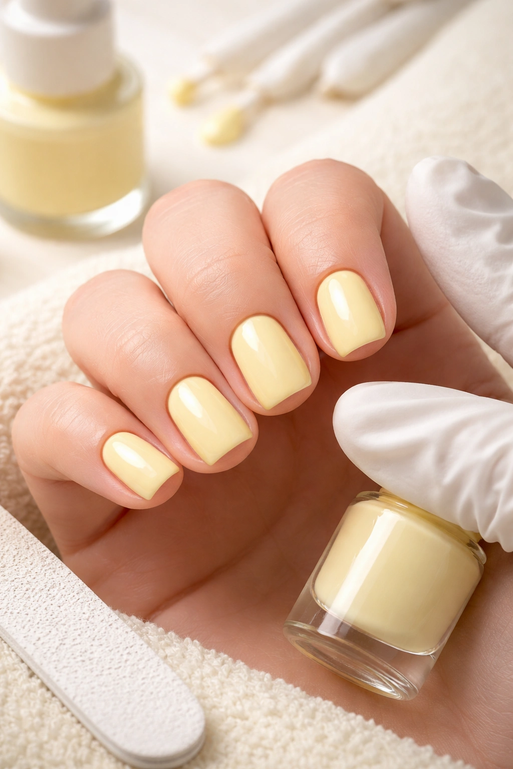 Close-up of butter yellow nails with smooth polish