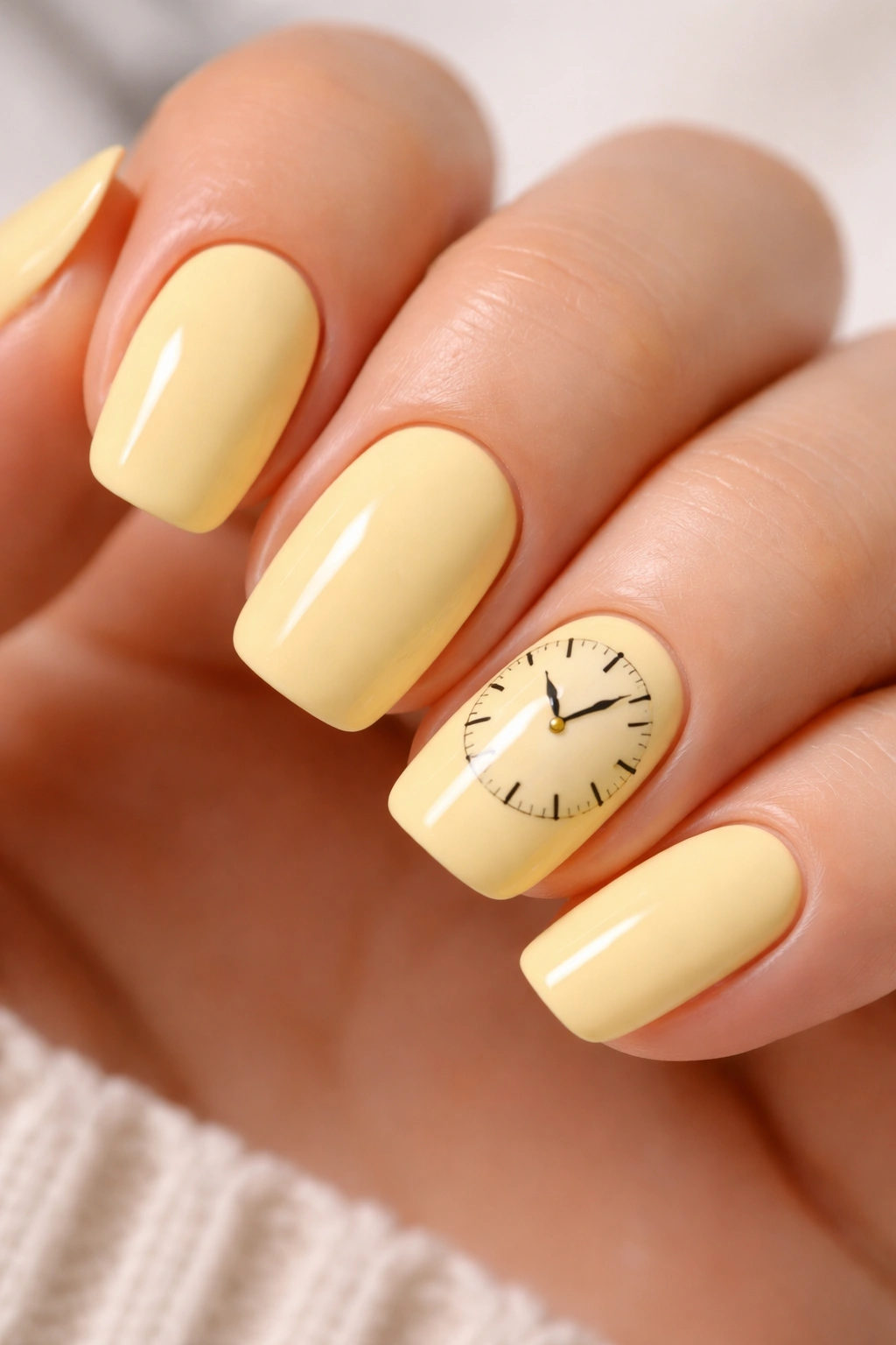 Butter yellow nails with clock-face design showing tick marks