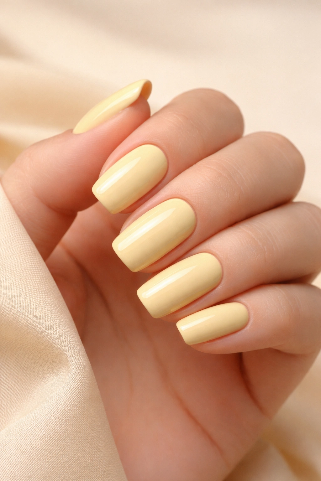 Close-up of nails in creamy butter yellow