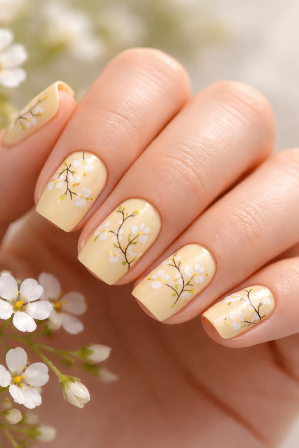 Close-up of nails with butter yellow base and scattered white florals
