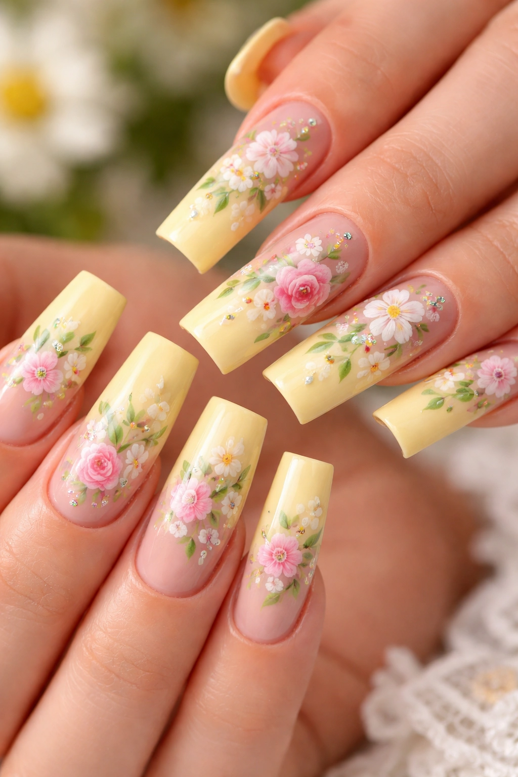 Close-up of butter yellow nails with hand-painted florals