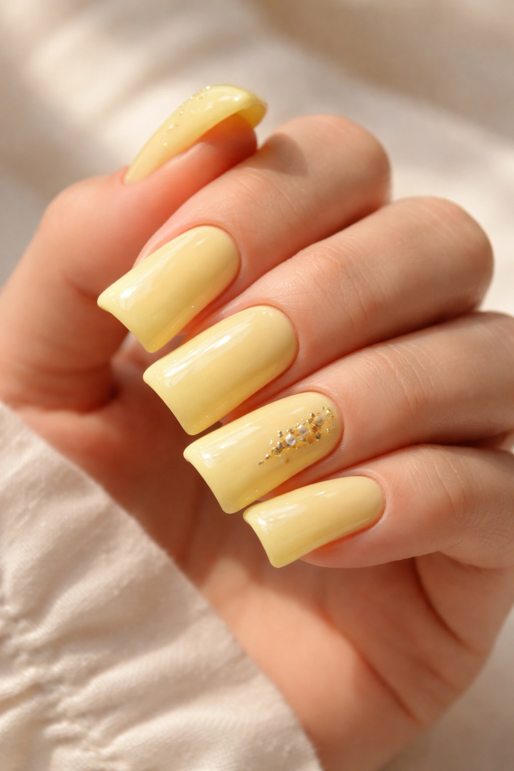 Duck nails in warm butter yellow with glossy finish