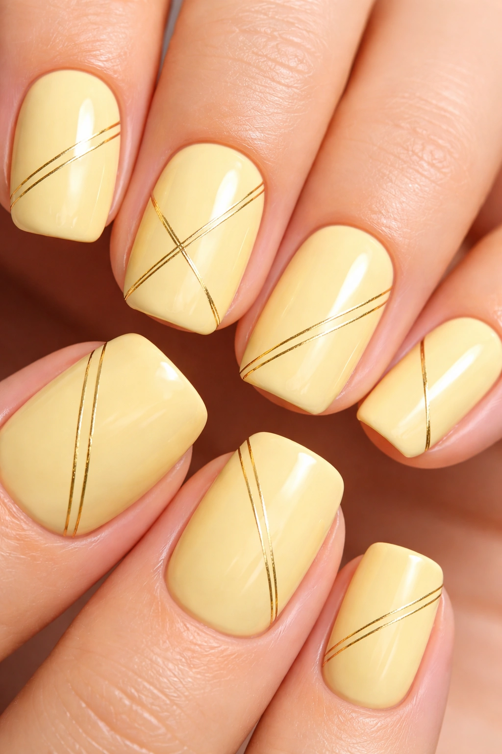 Butter yellow nails with fine gold stripes in a delicate geometric pattern