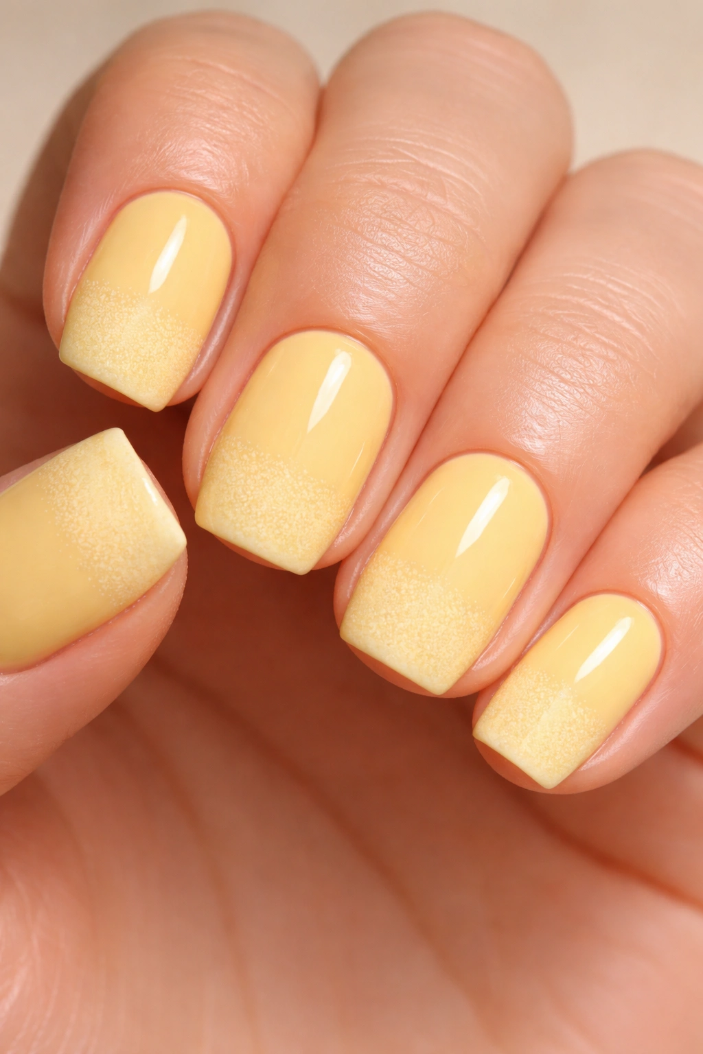 Close-up of nails showing butter yellow base with glossy and matte two-tone tips