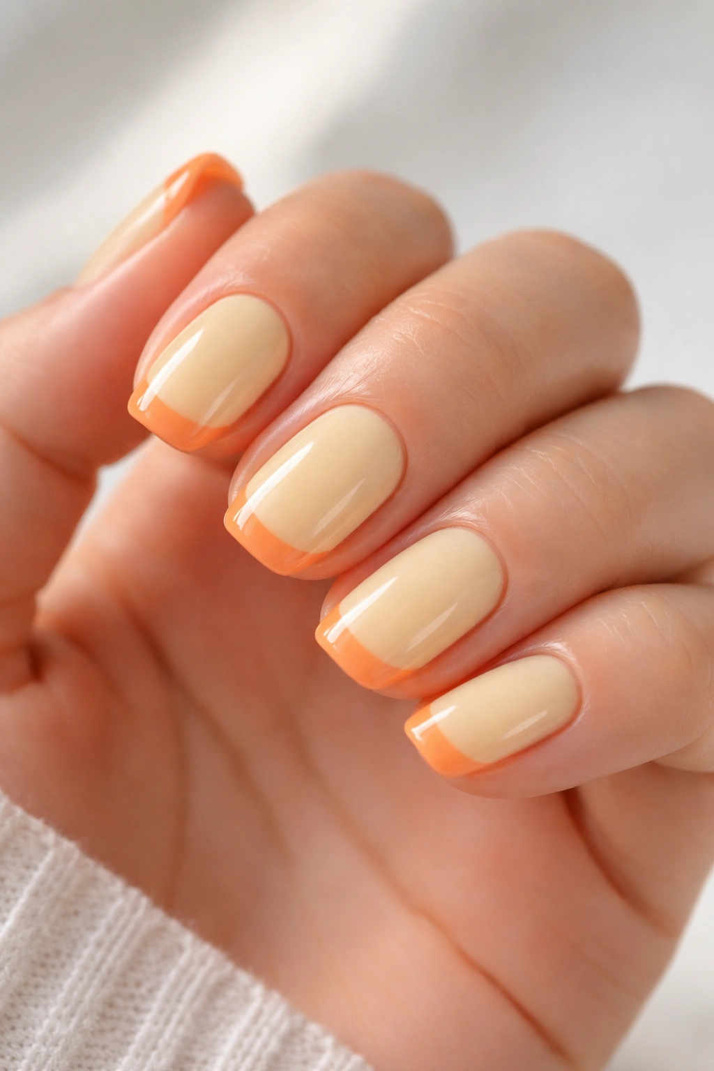 Close-up of butter yellow nails with soft orange gradient tips in a French manicure