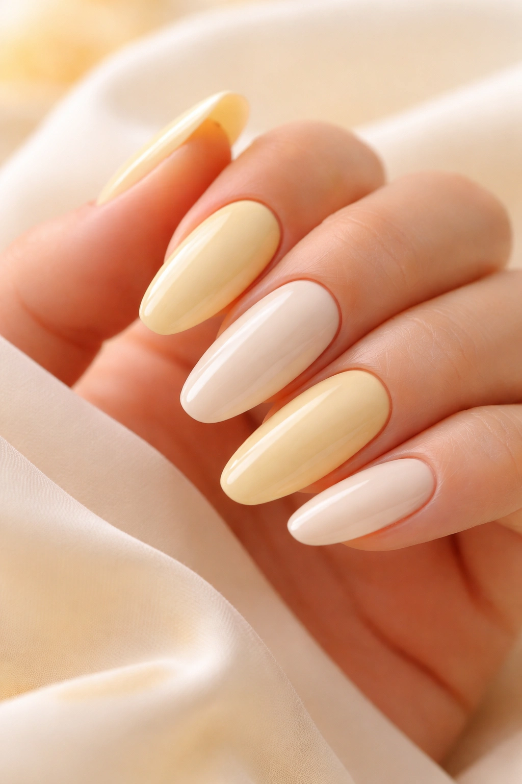 Butter yellow and pastel cream nails with creamy finish
