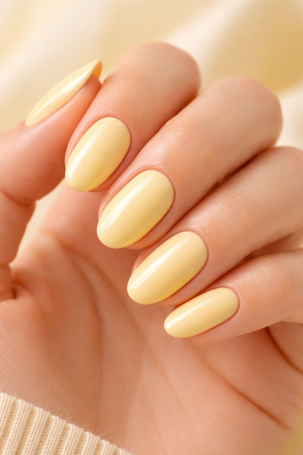Close-up of a hand with nails painted butter yellow against a neutral background