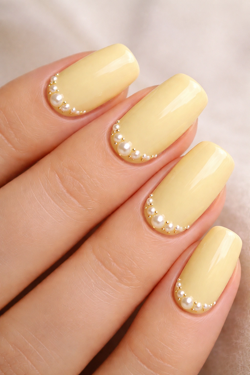 Butter yellow nails with tiny pearl gems placed near the base
