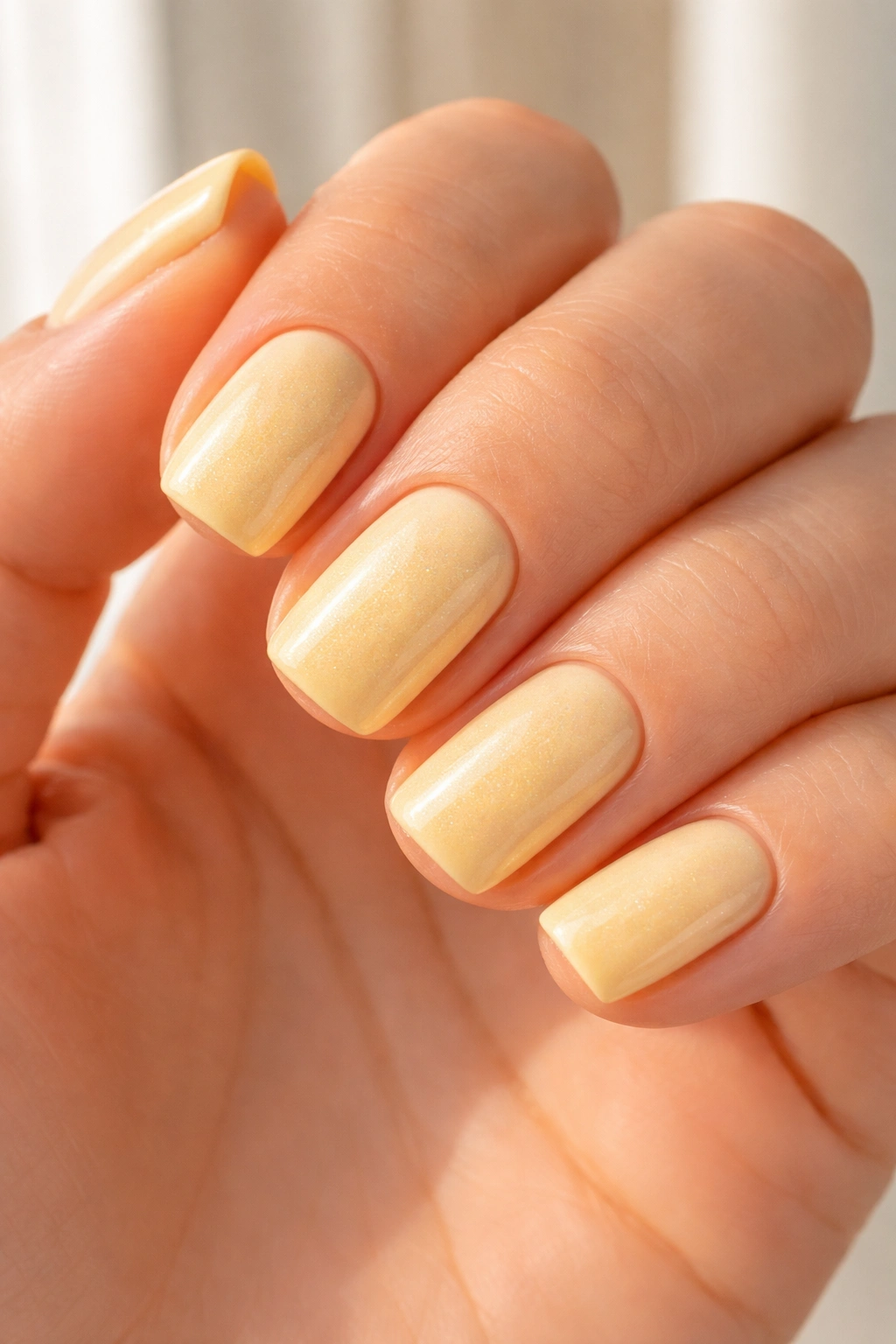 Close-up of short squoval nails in creamy butter yellow with subtle shimmer