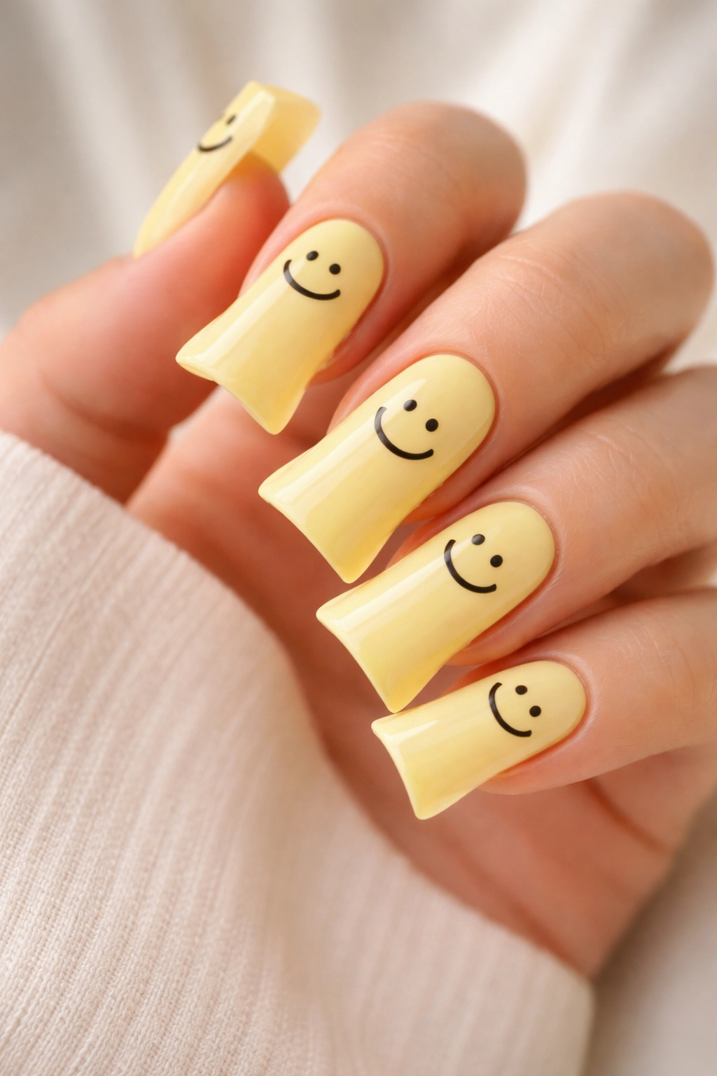 Close-up of butter yellow curved duck nails with small black smiley faces.
