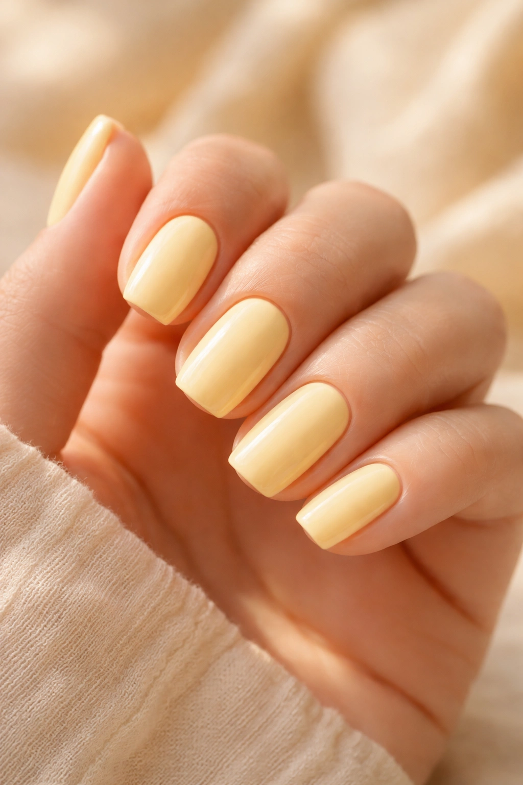 Close-up of hands with butter yellow nails