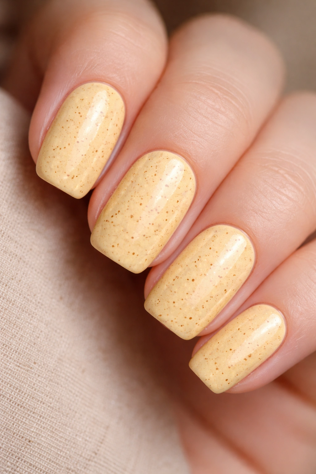 Butter yellow nails with subtle speckle pattern in mustard tones