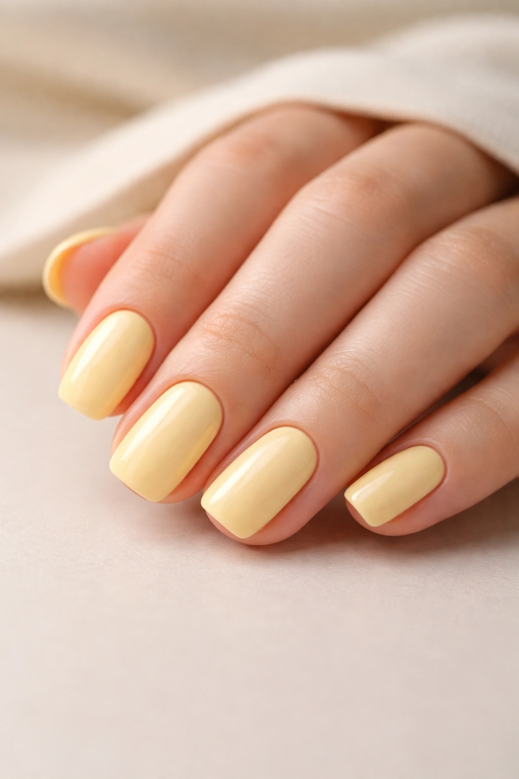 Close-up of butter-yellow short squoval nails on a hand with a neutral background