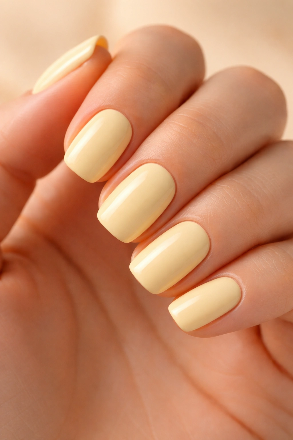 Hands with warm-toned butter yellow nails under soft lighting