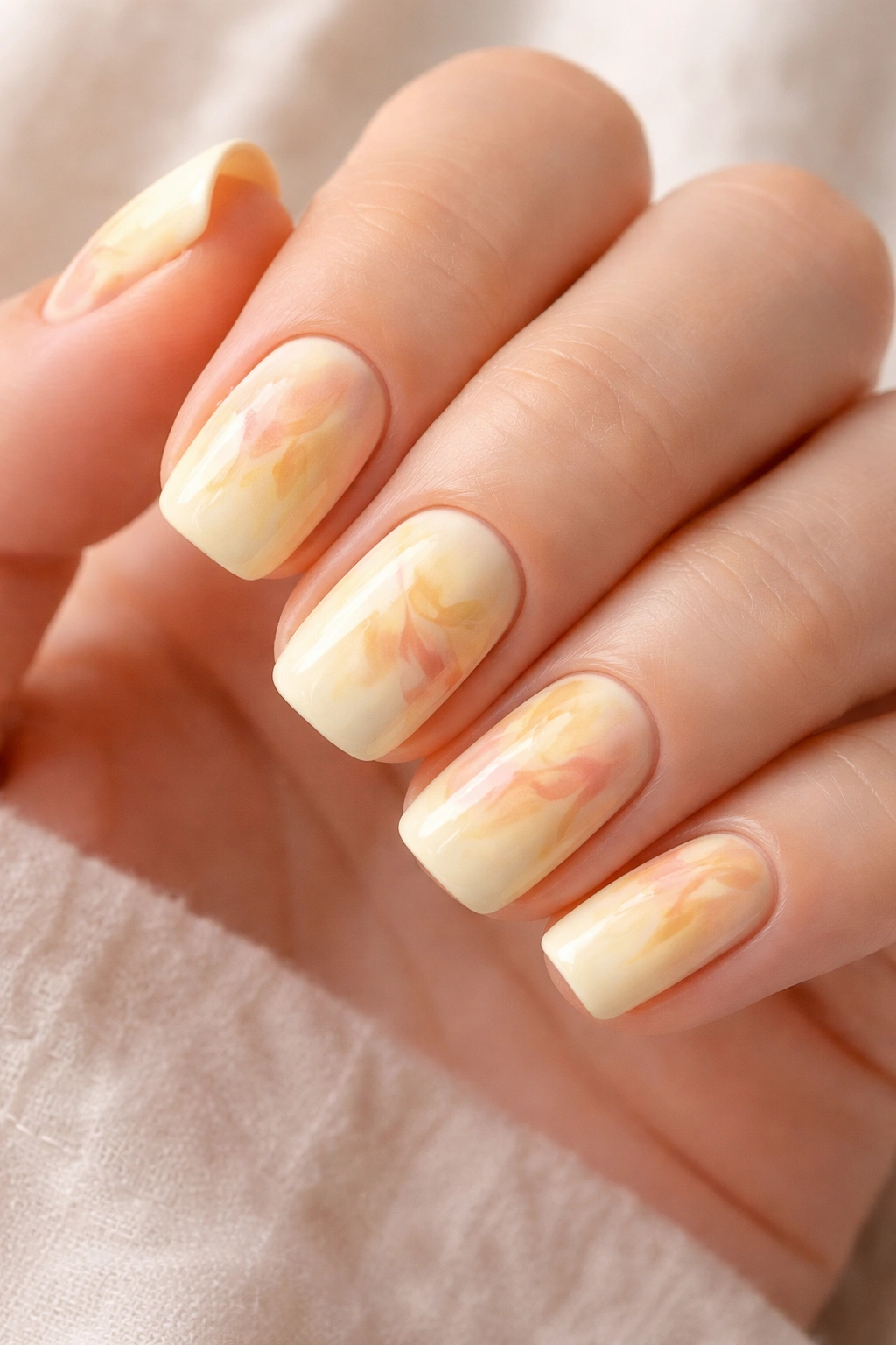 Nails with butter yellow base and abstract watercolor swirls in peach tones