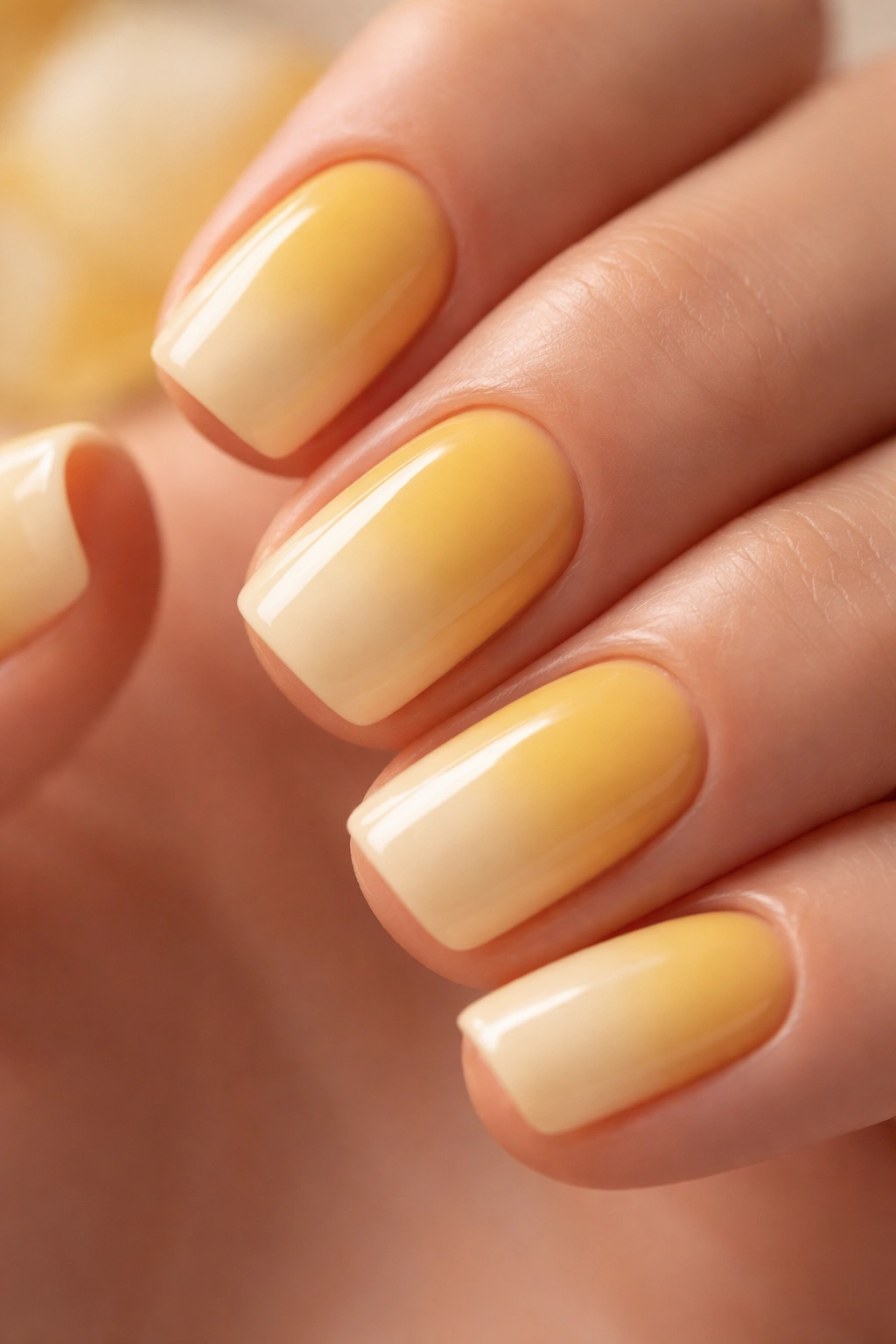 Close-up of butter yellow ombre nails fading to cream