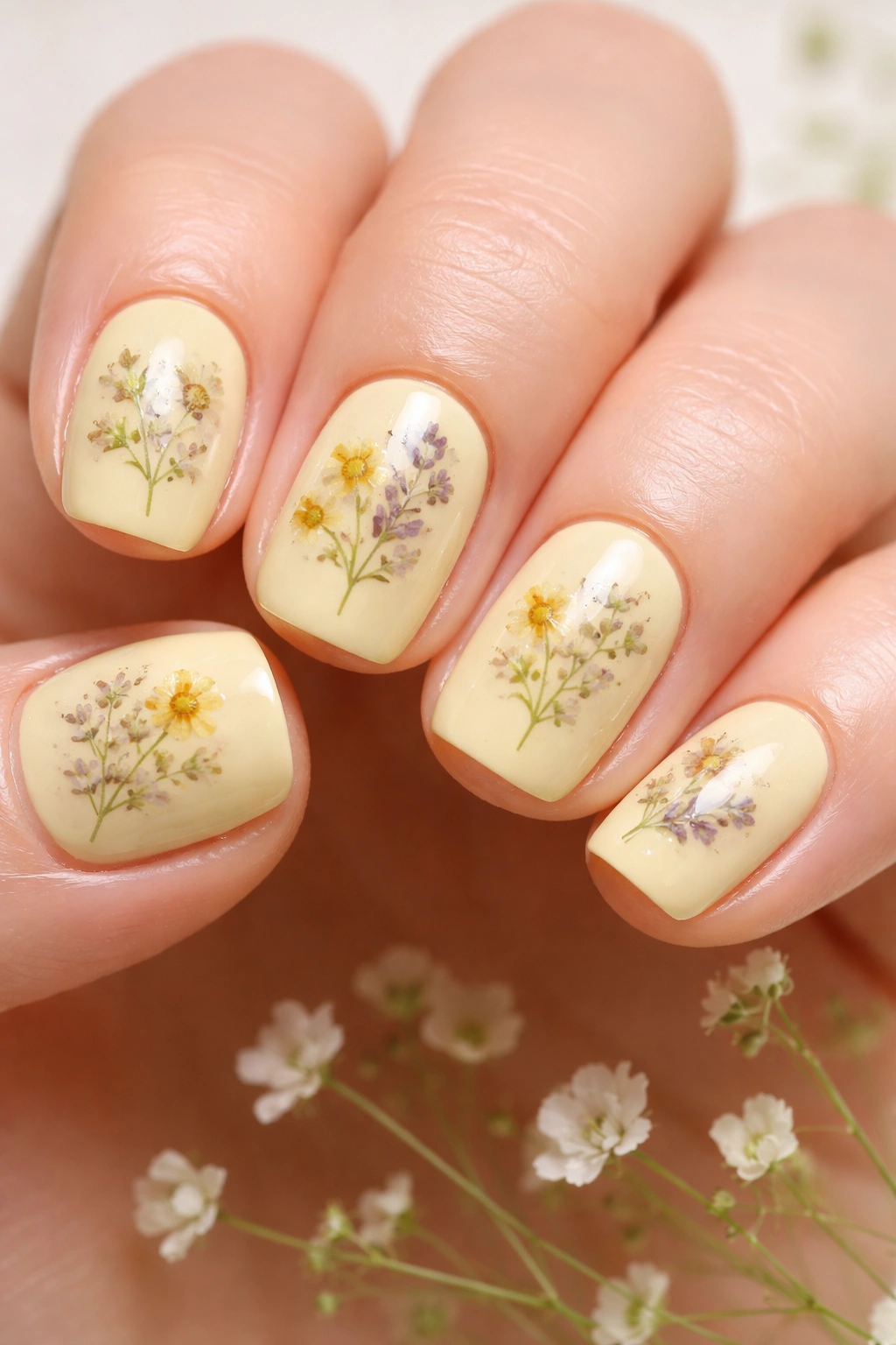 Nails with pressed flower embedded in clear resin under butter yellow polish