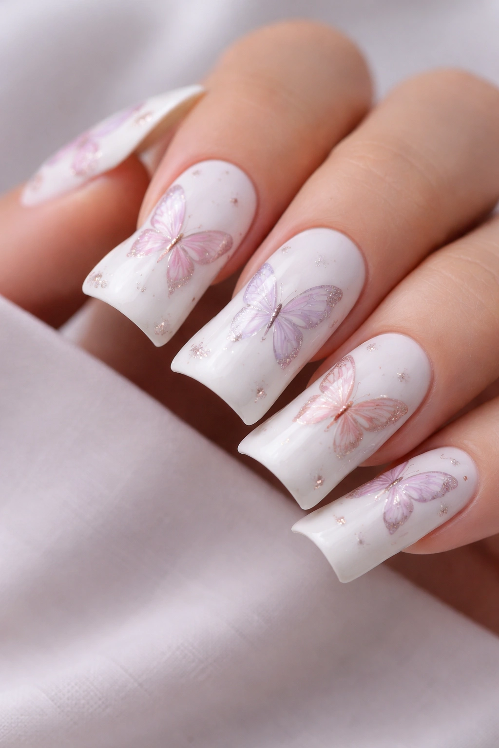 Close-up of duck nails with white base and pastel butterfly motifs