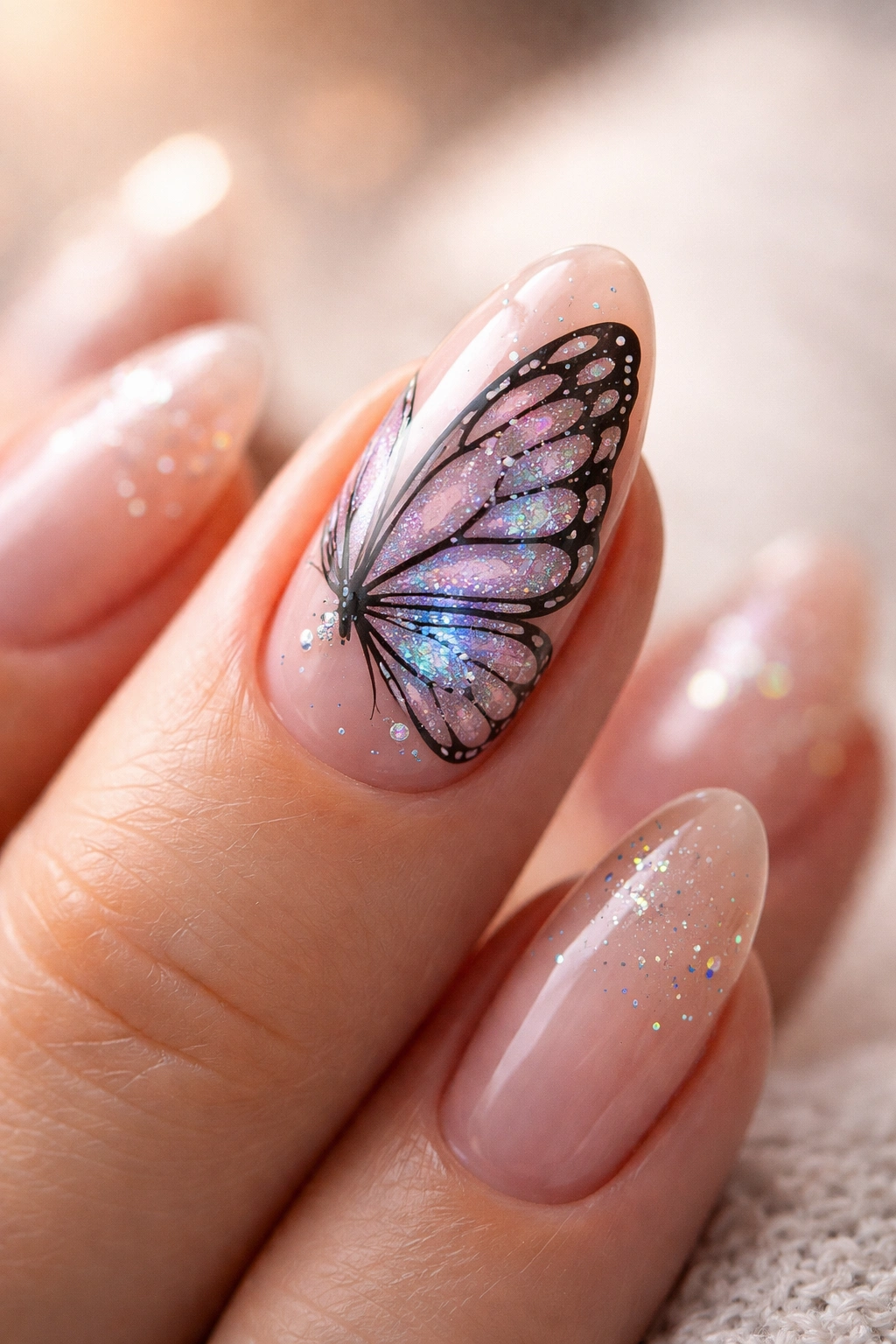 Close-up of almond nail with butterfly art on a neutral background