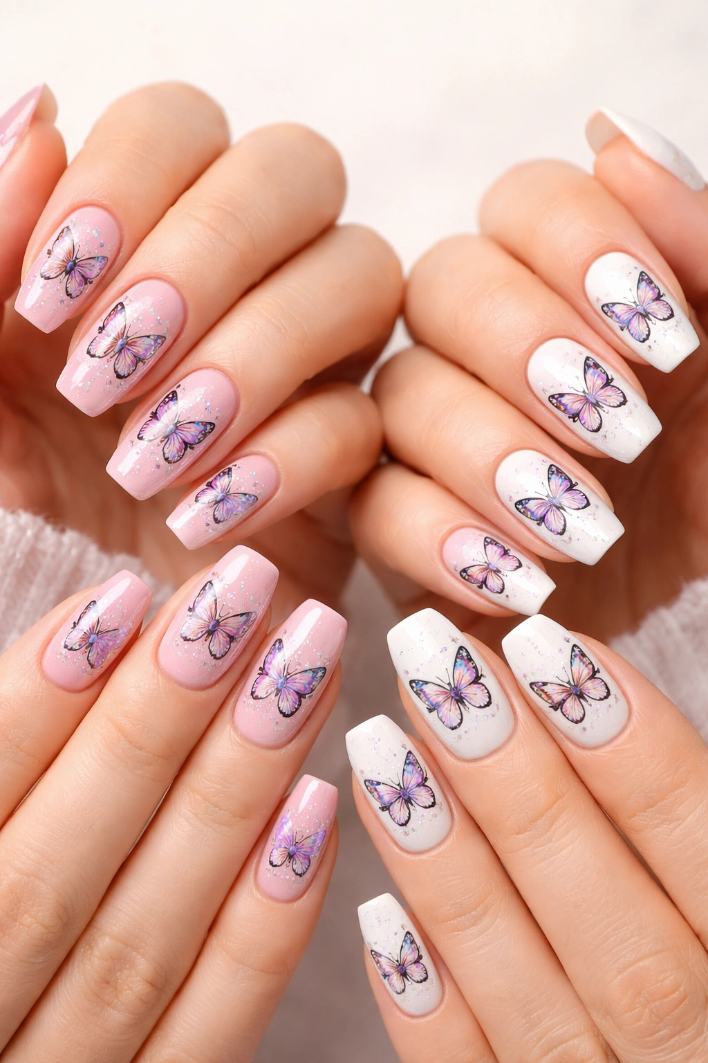 Two hands with identical butterfly nail designs on all nails