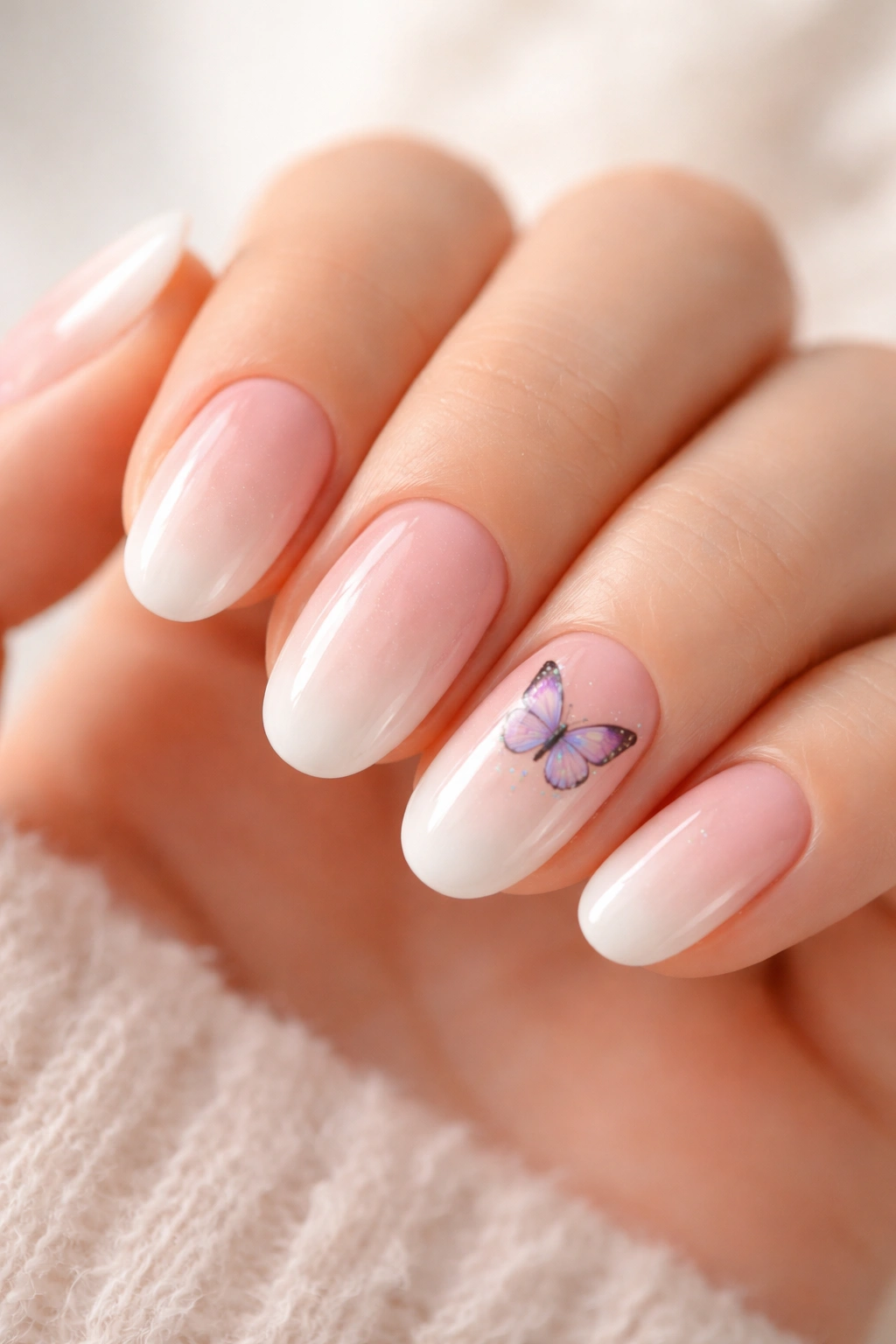 Butterfly over soft gradient fade on a short oval nail.
