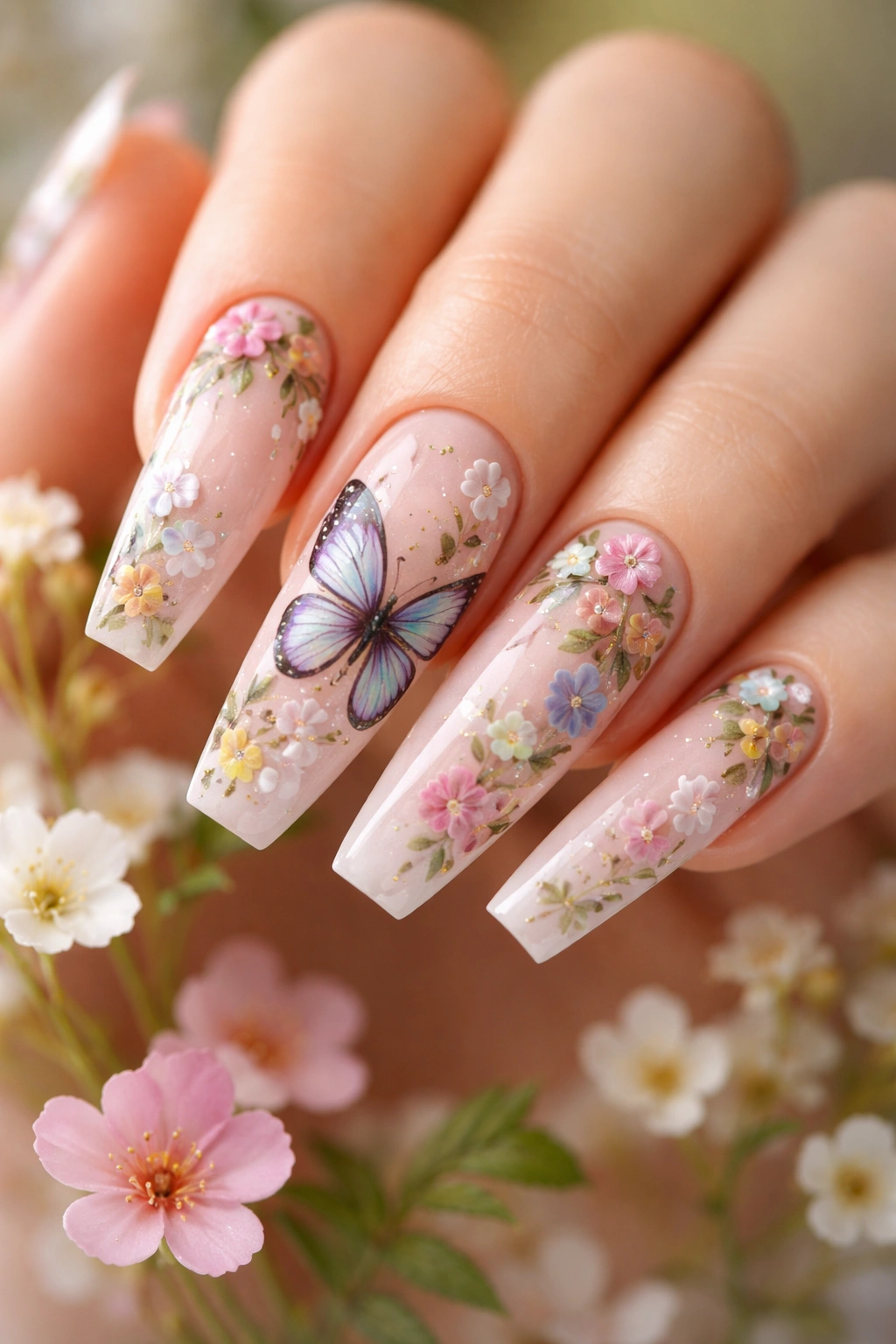 Coffin nails featuring a butterfly with surrounding flowers and leaves.
