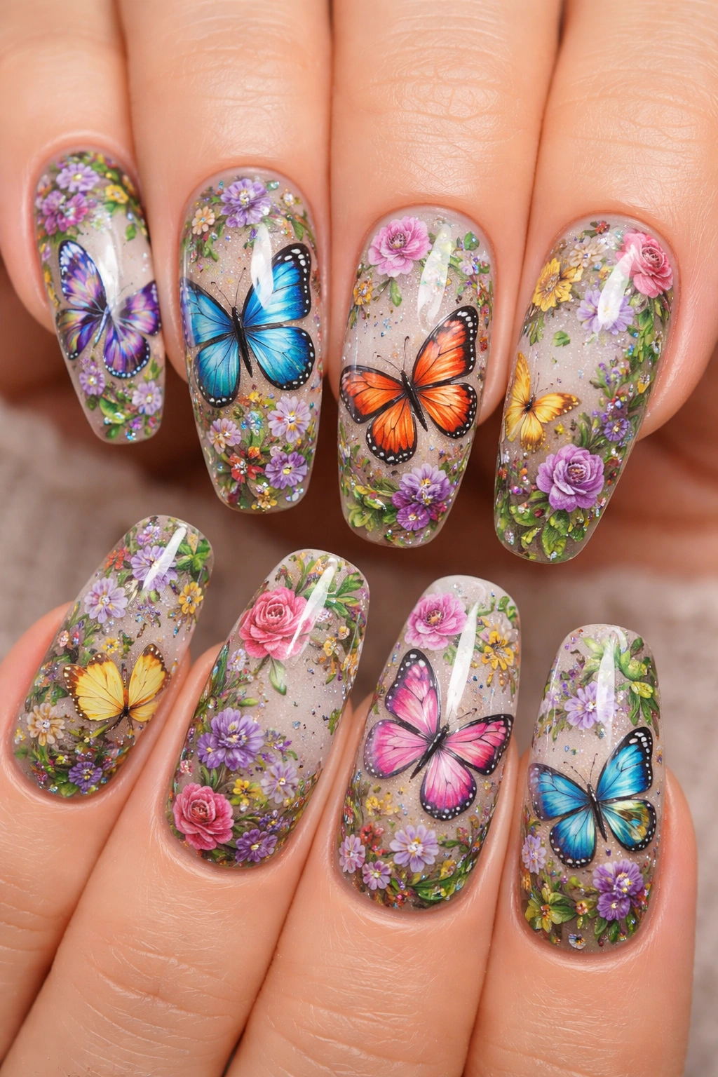 Nails showing full coverage butterfly garden designs with multiple butterflies and flowers
