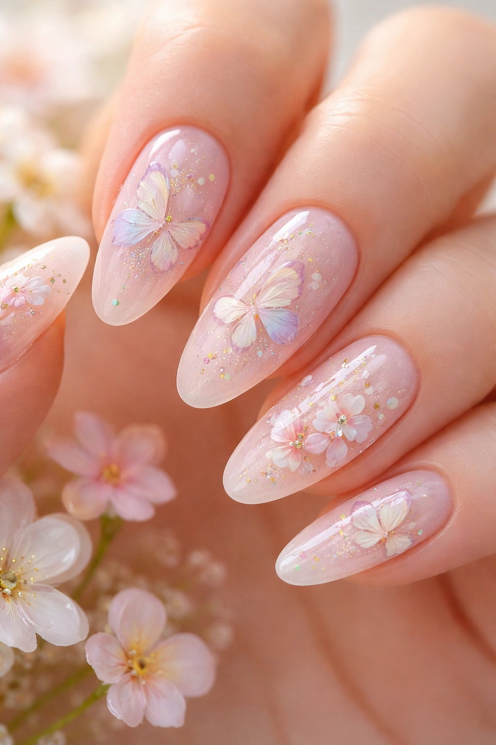 Pastel butterfly and flower nail art on sheer pink base