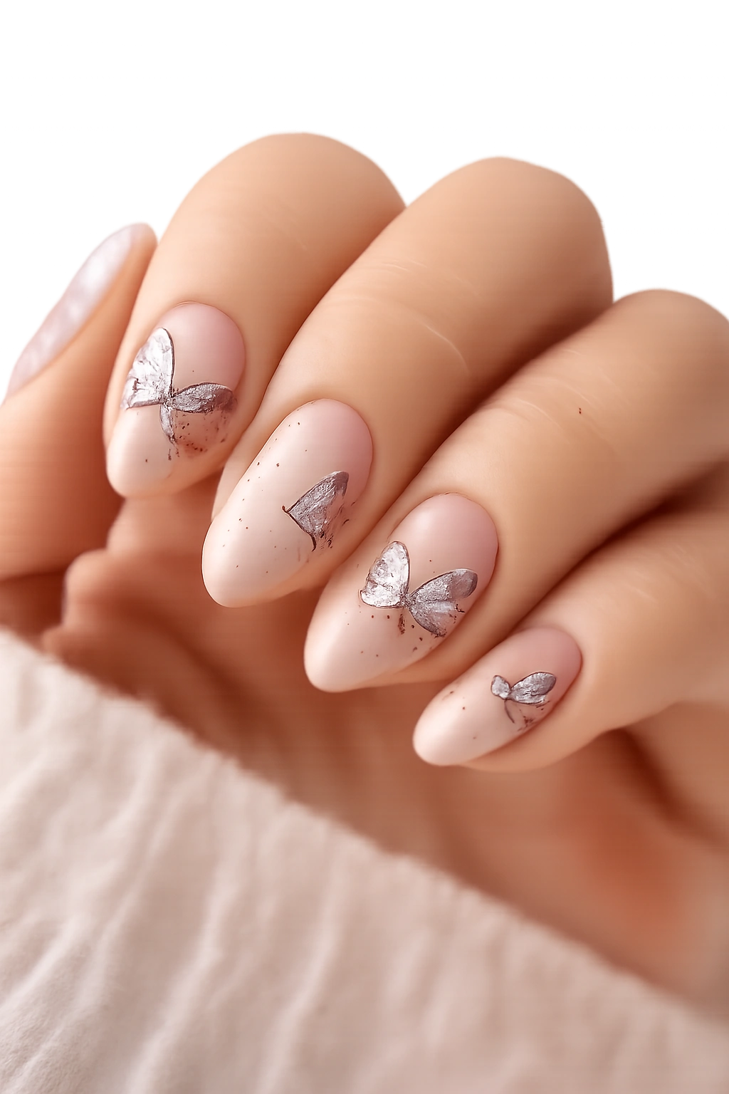 Close-up of short almond nails with butterfly wing art on a neutral background