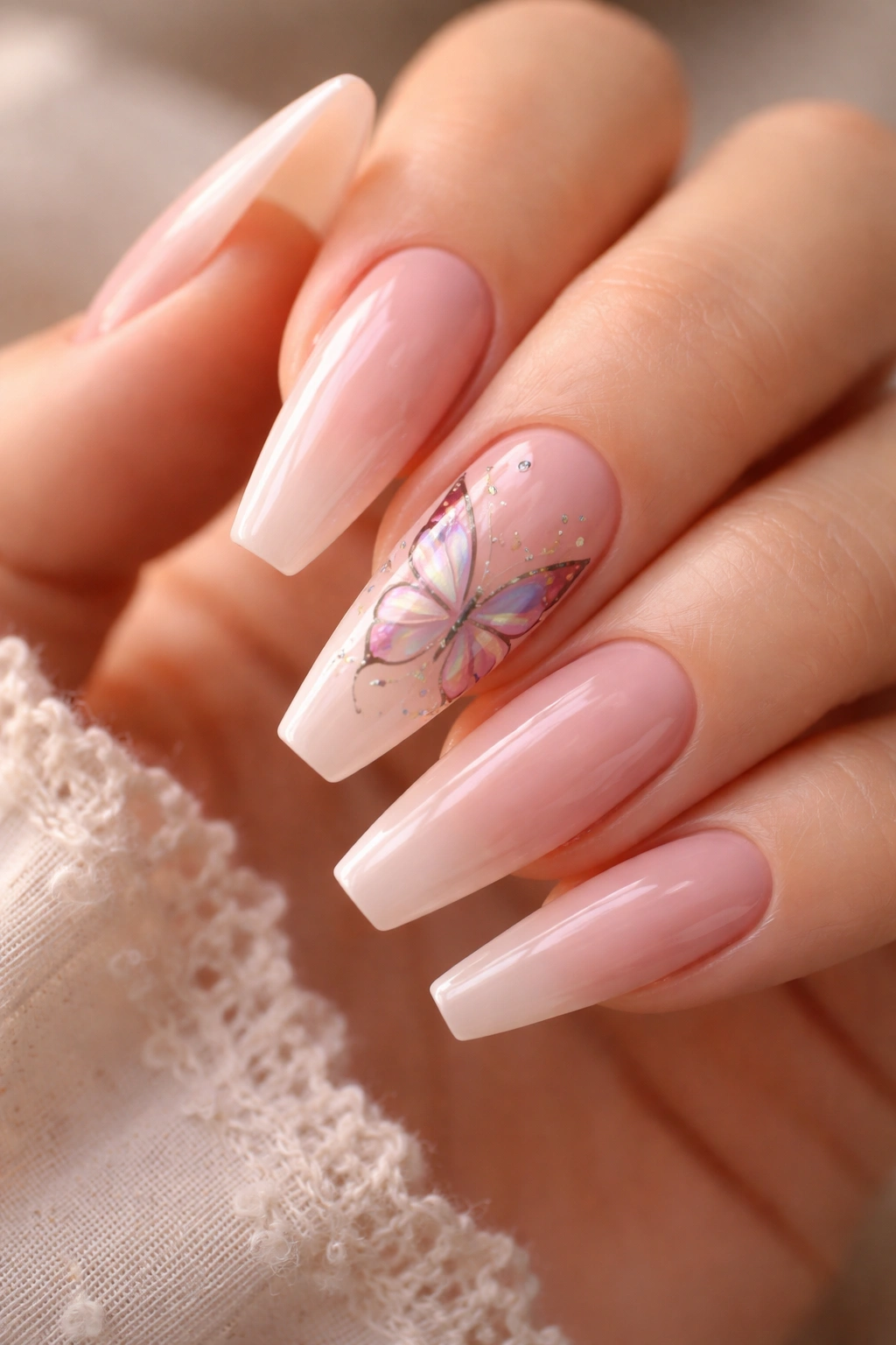 Close-up of a long ballerina nail with delicate butterfly wing art on a sheer pink base.