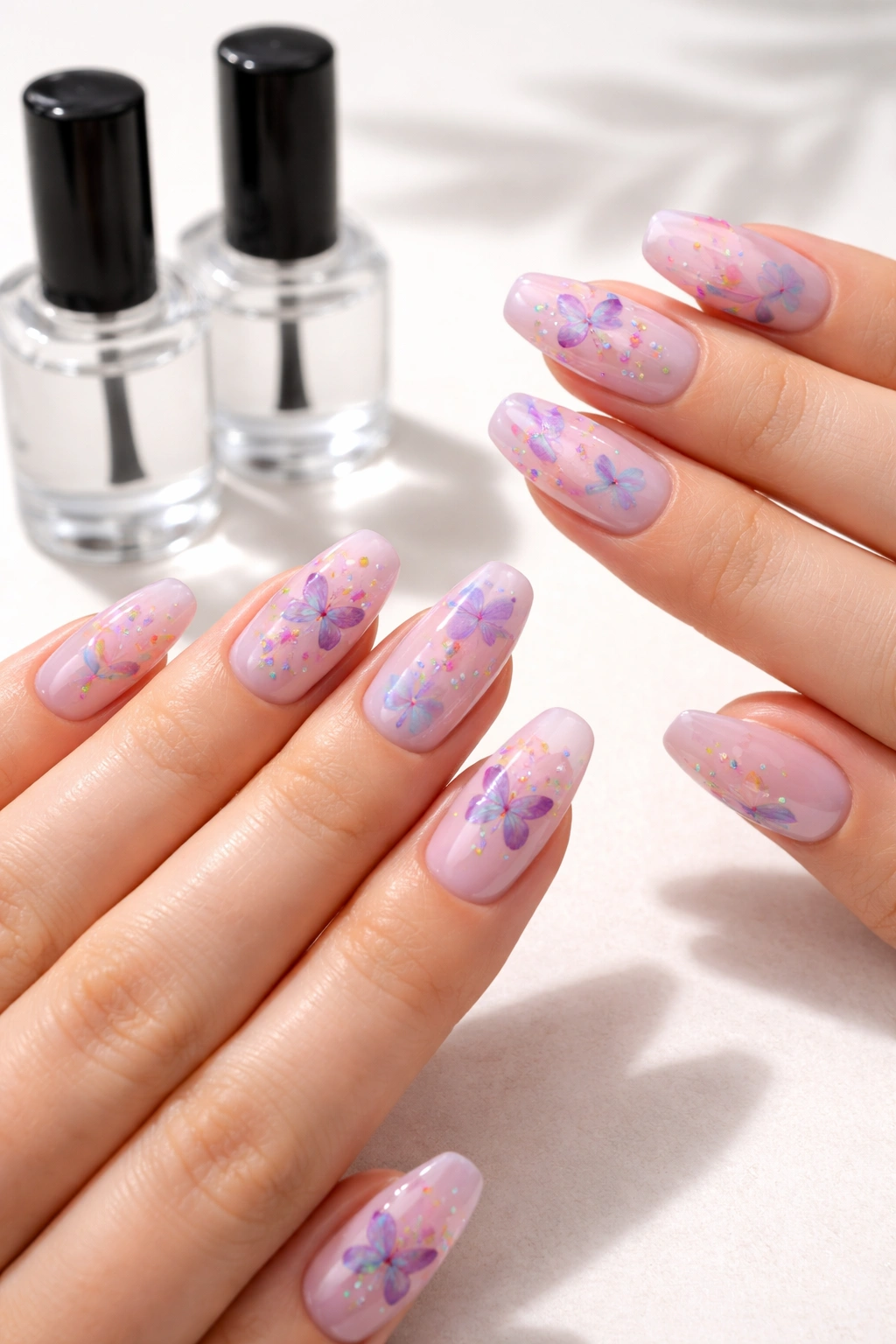 Macro shot of glossy butterfly nails with base and top coat nearby