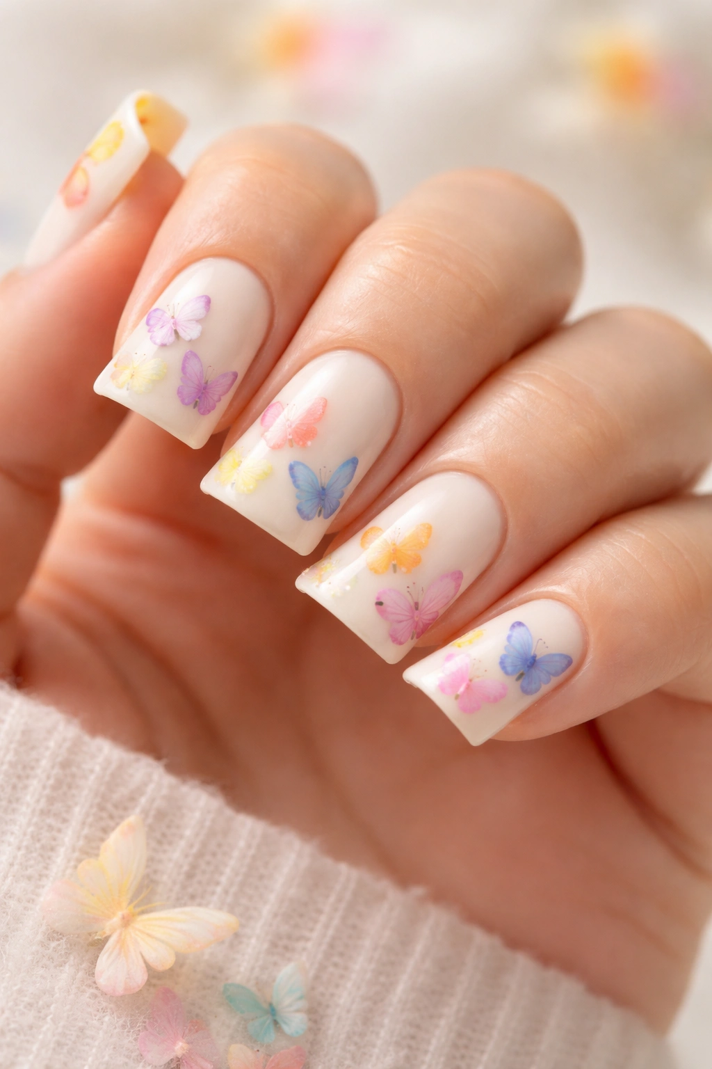 Short duck nails with pale base and colorful butterfly silhouettes