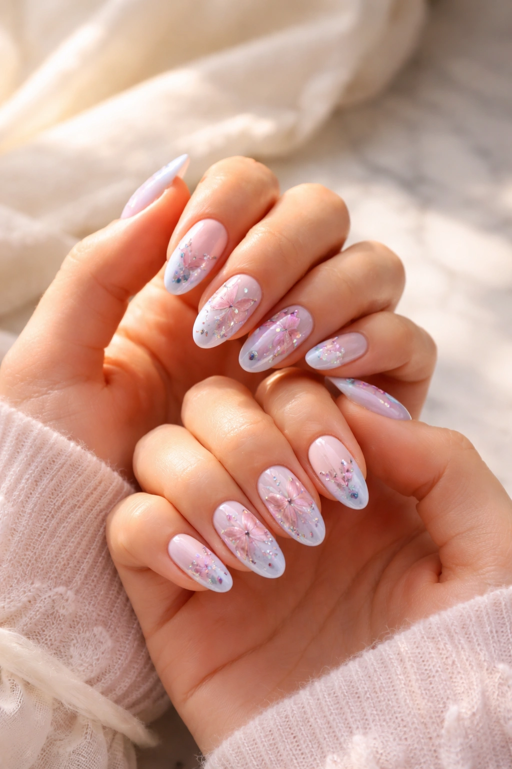 Two hands with matching butterfly nails photographed in natural light against soft textured background