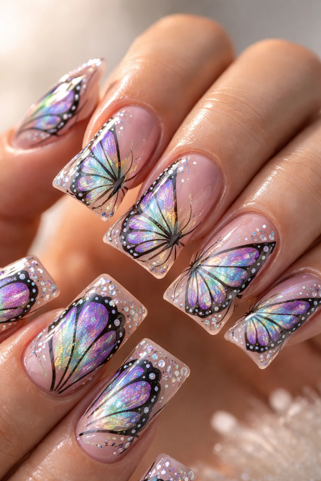 Close-up of duck nails with nude base and iridescent butterfly wing designs