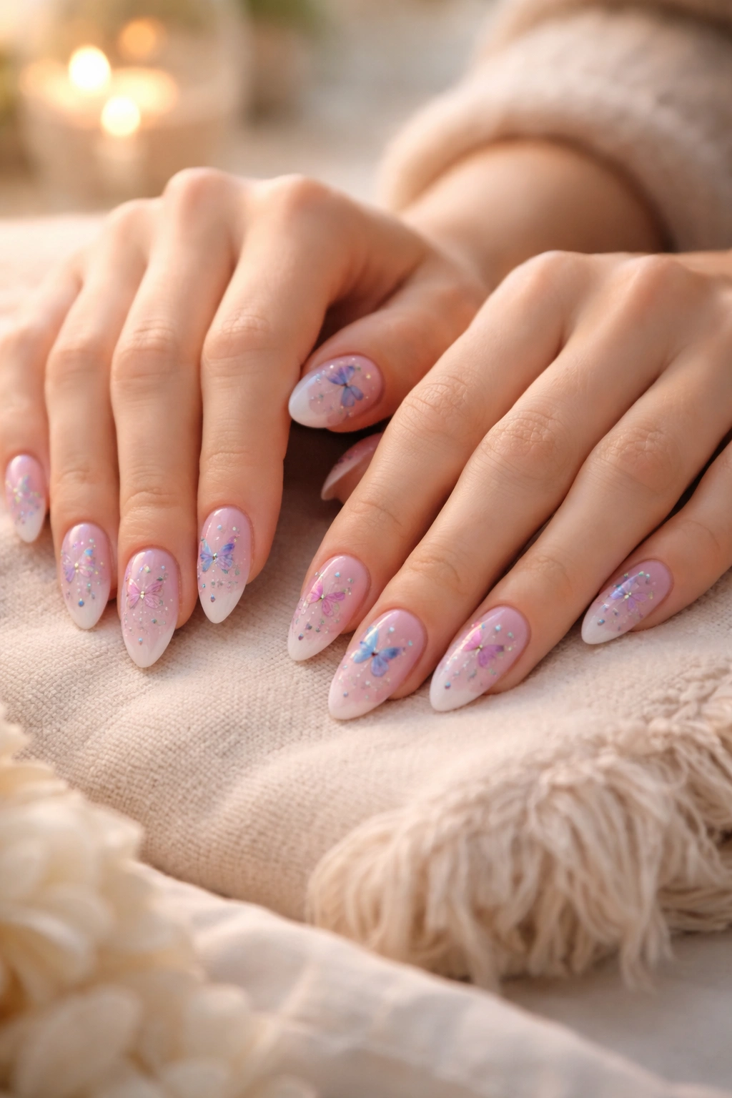 Two hands with matching butterfly nails resting on a soft surface, warm lighting
